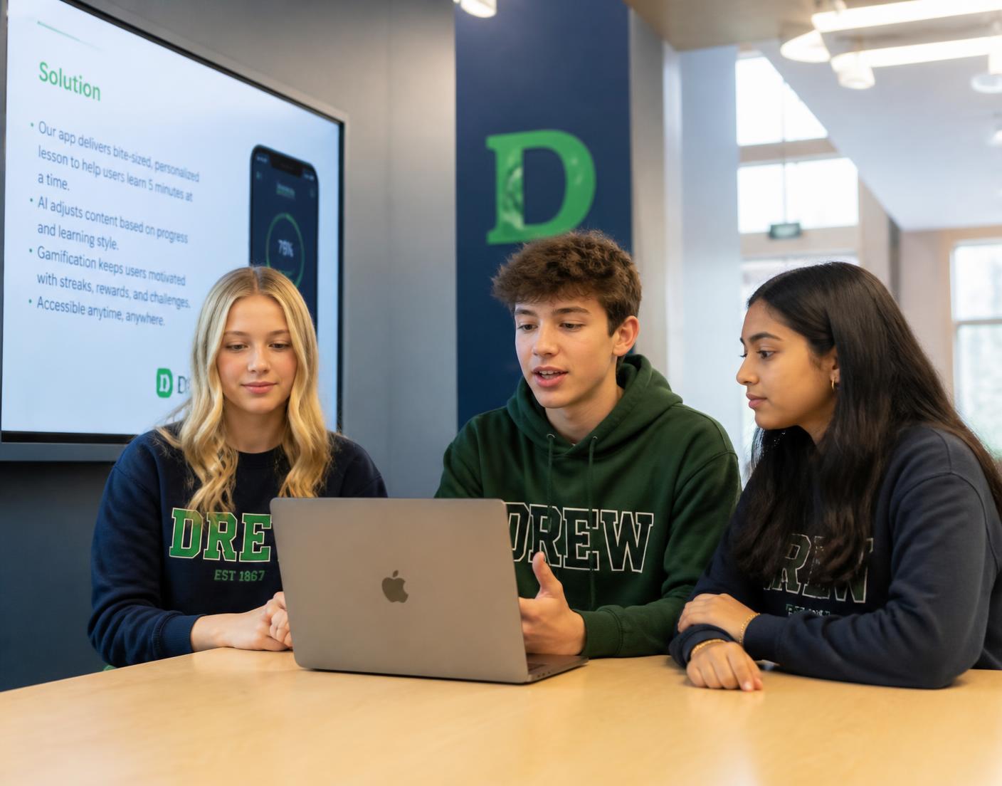 Teen students collaborating on a business pitch deck during a live online incubator session